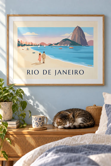 Poster coppia sulla spiaggia di Botafogo davanti al Pan di Zucchero a Rio : incorniciato alla parete