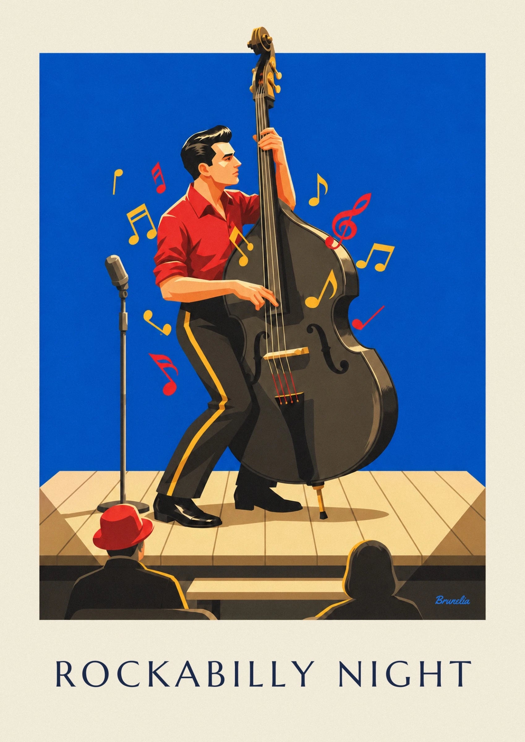 Il musicista in camicia rossa con le mani sulle corde del suo contrabbasso