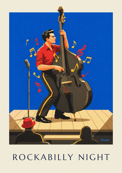 Poster di una serata rockabilly e di un musicista con il contrabbasso: il poster intero