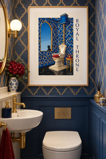 Poster bagno con trono reale e telefono a disco: incorniciato alla parete