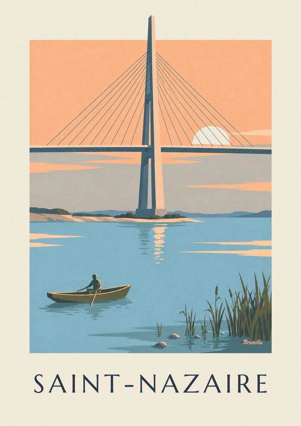 Poster ponte di Saint-Nazaire e barchetta sull'estuario