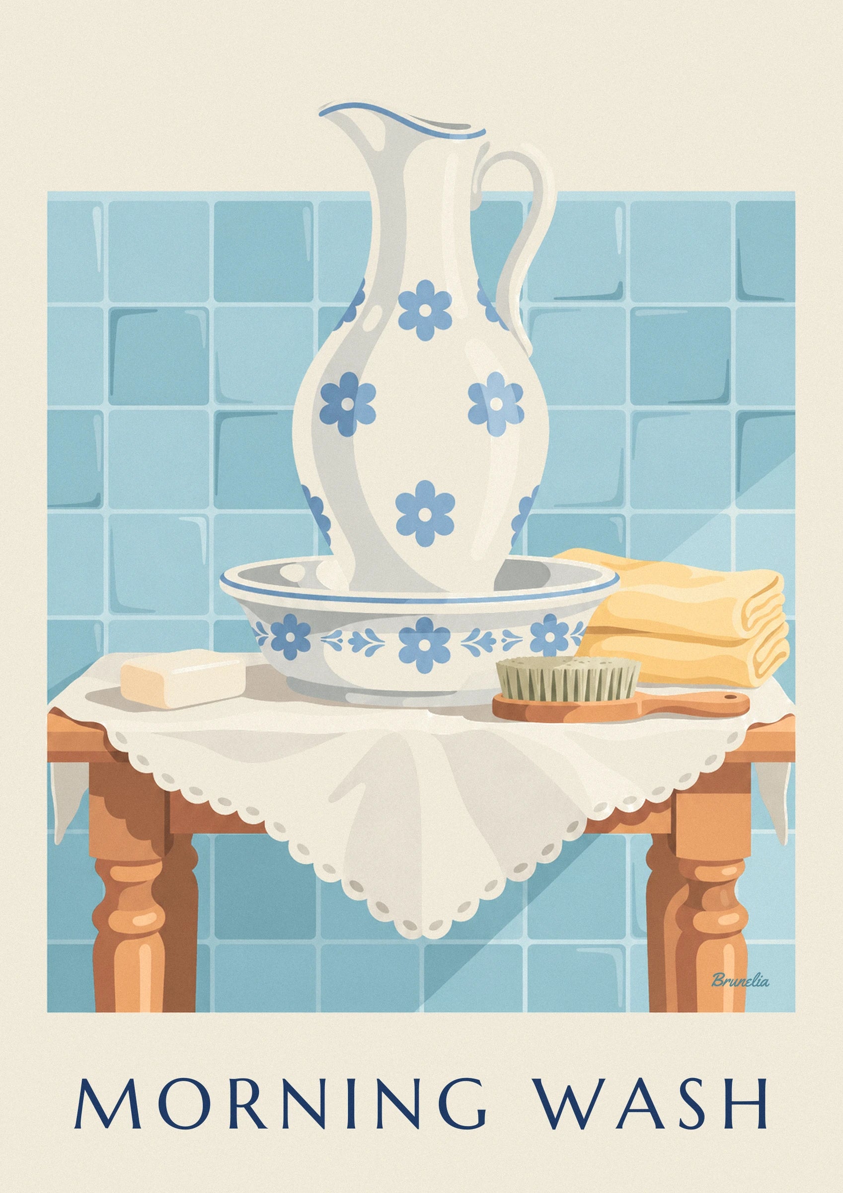 La brocca in ceramica color crema con fiori blu, appoggiata nel suo catino coordinato
