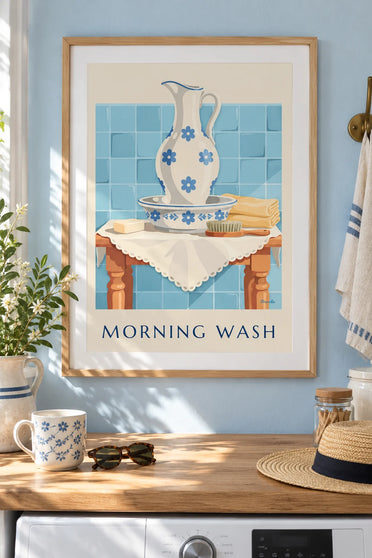 Poster of a ceramic pitcher and basin on a washstand: framed on the wall