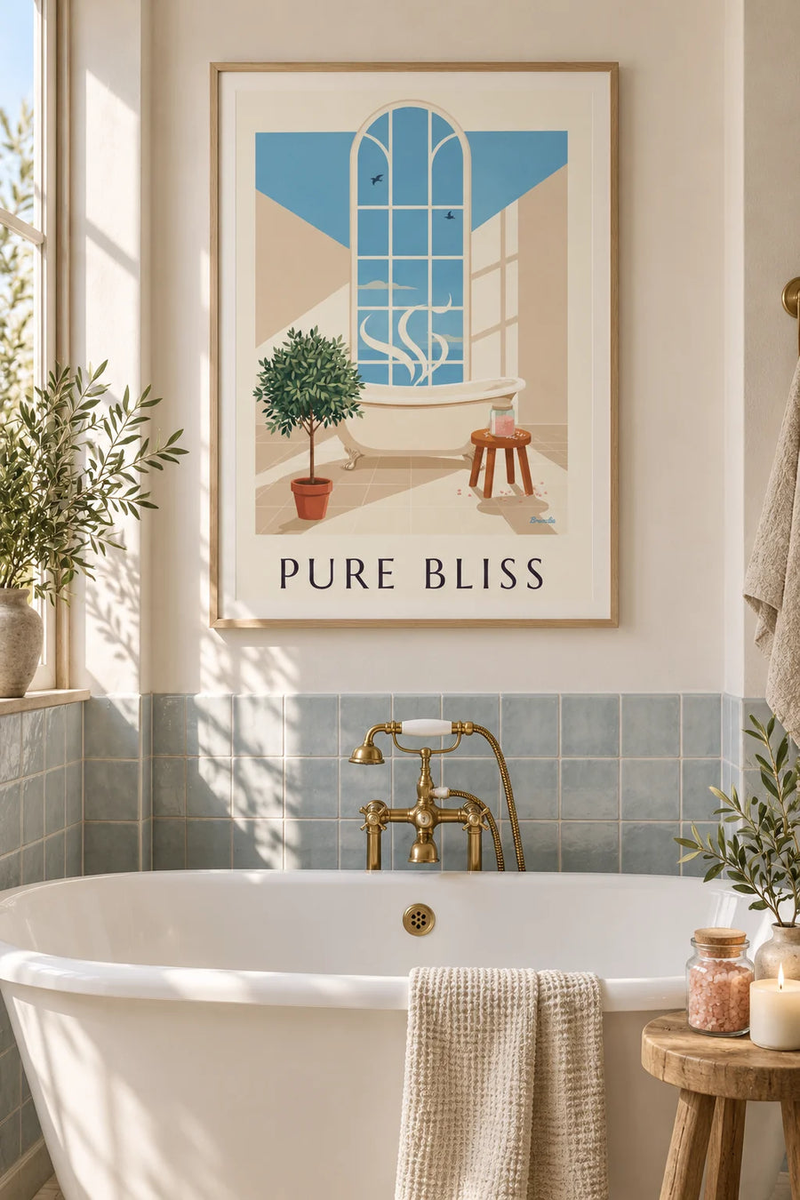 Poster vasca da bagno, sali da bagno e petali di rosa: incorniciato alla parete