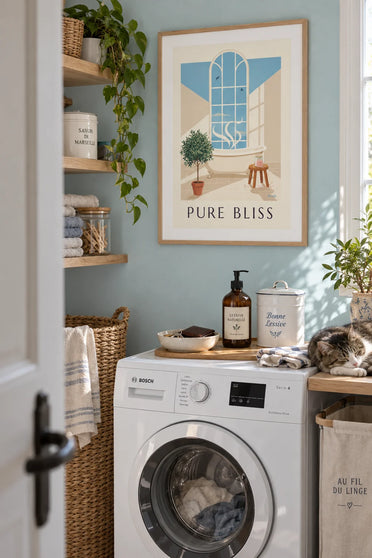 Affiche baignoire, sels de bain et pétales de rose : encadrée au mur