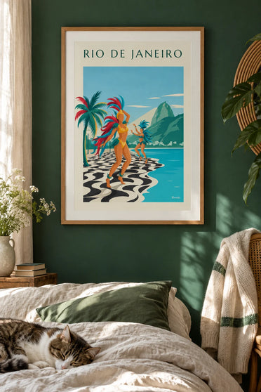 Poster of samba dancers on the Copacabana promenade in Rio: framed on the wall