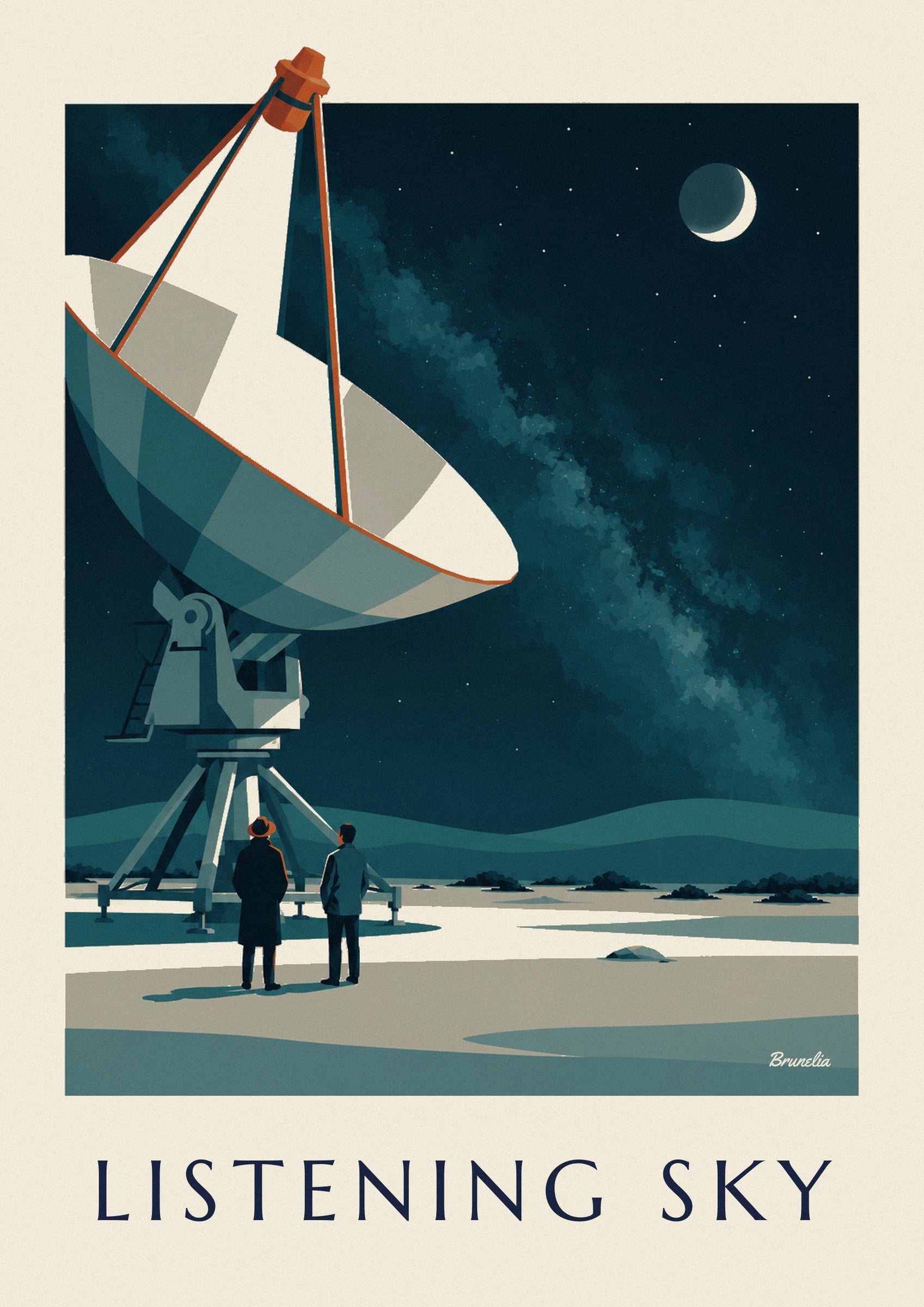 Poster radiotelescopio puntato verso un cielo stellato nel deserto: dettaglio in primo piano