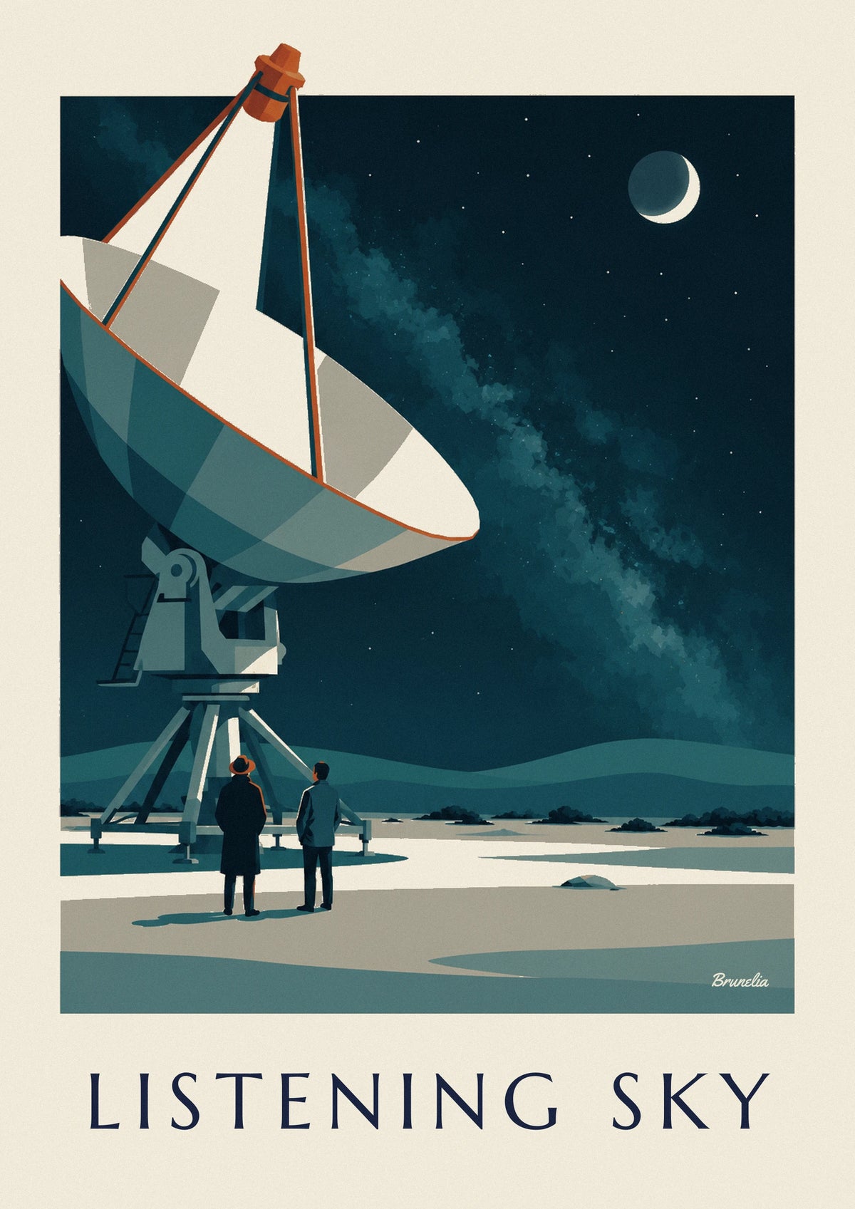 Affiche radiotélescope pointé vers un ciel étoilé dans le désert