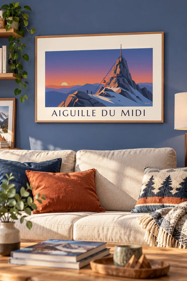 Poster funivia dell'Aiguille du Midi al tramonto: incorniciato alla parete