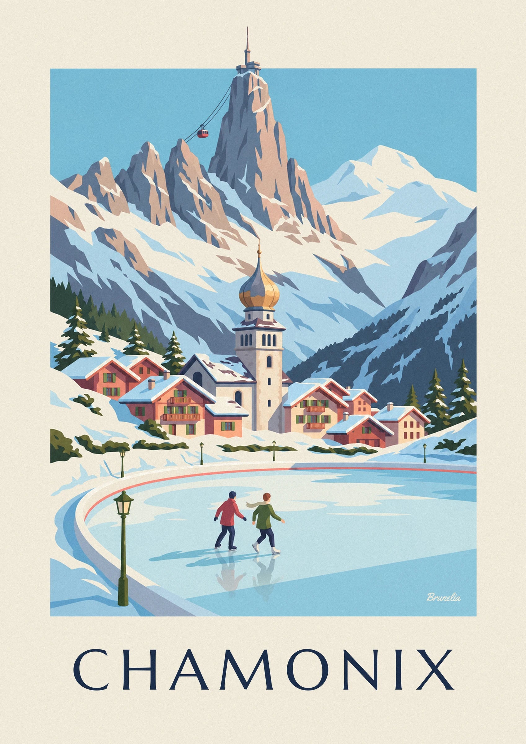 Chamonix ice rink and Aiguille du Midi skaters poster: close-up detail