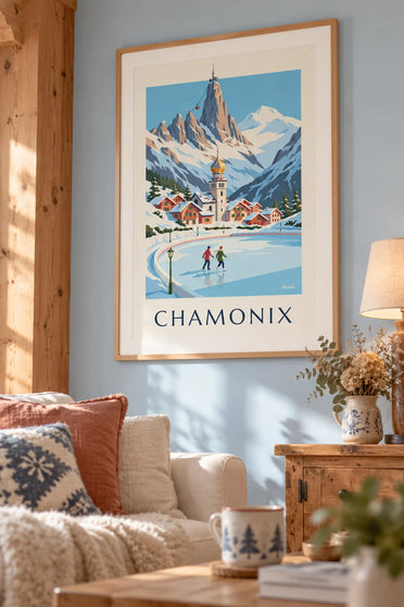Poster di pattinatori sulla pista di pattinaggio di Chamonix e l'Aiguille du Midi: incorniciato alla parete