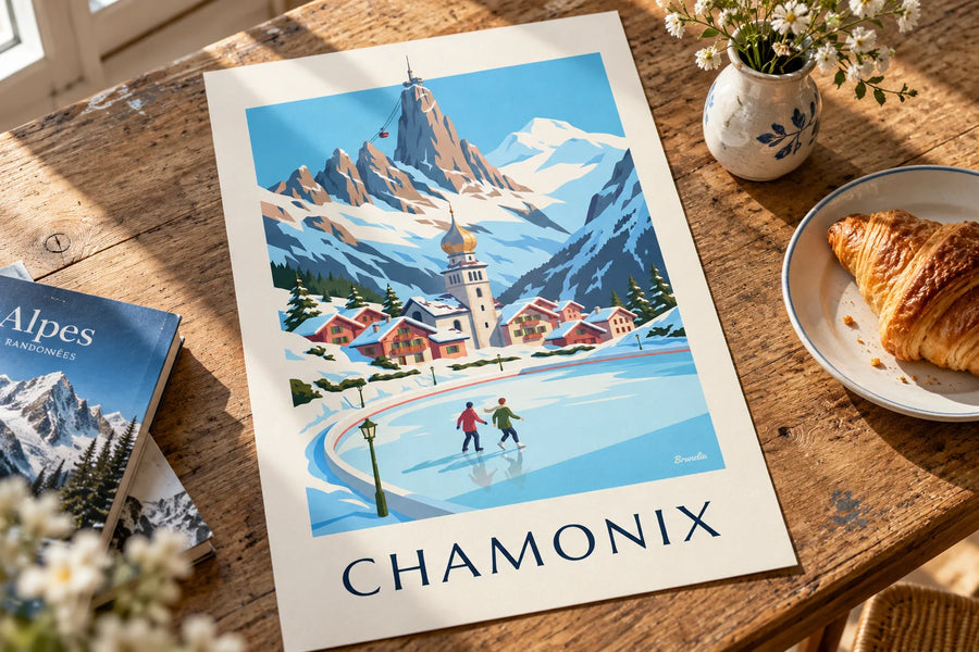 Poster di pattinatori sulla pista di pattinaggio di Chamonix e l'Aiguille du Midi: appoggiato su un tavolo