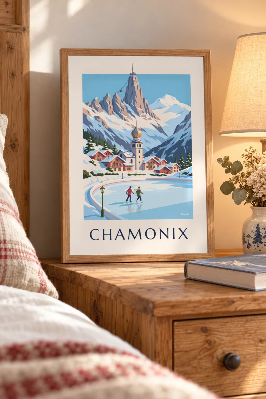 Poster pattinatori sulla pista di pattinaggio di Chamonix e Aiguille du Midi: formato piccolo A4 con cornice