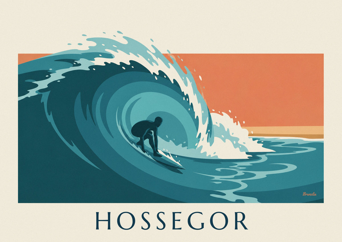 Affiche surfeur dans le tube d'une vague à Hossegor