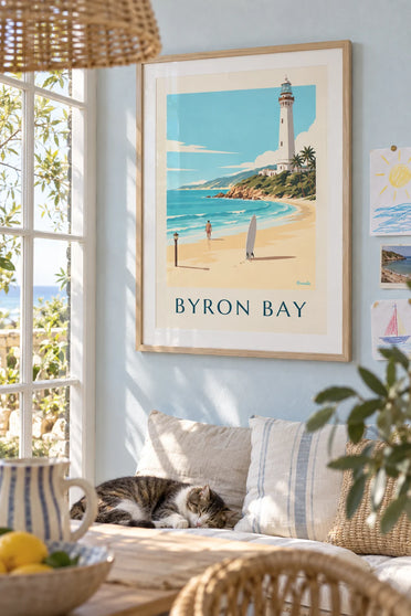 Poster tavola da surf e faro di Byron Bay in Australia: con cornice appesa al muro