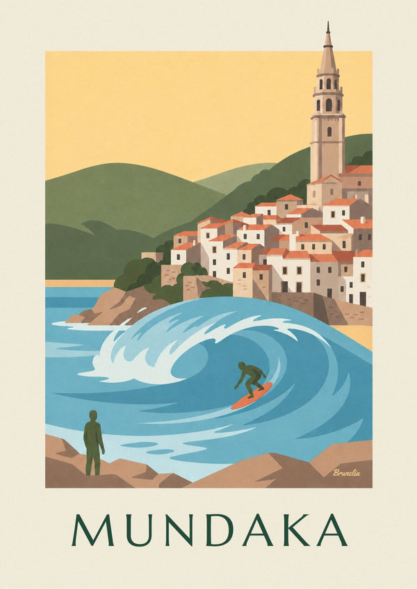 Affiche surfeur sur la vague de Mundaka en Biscaye