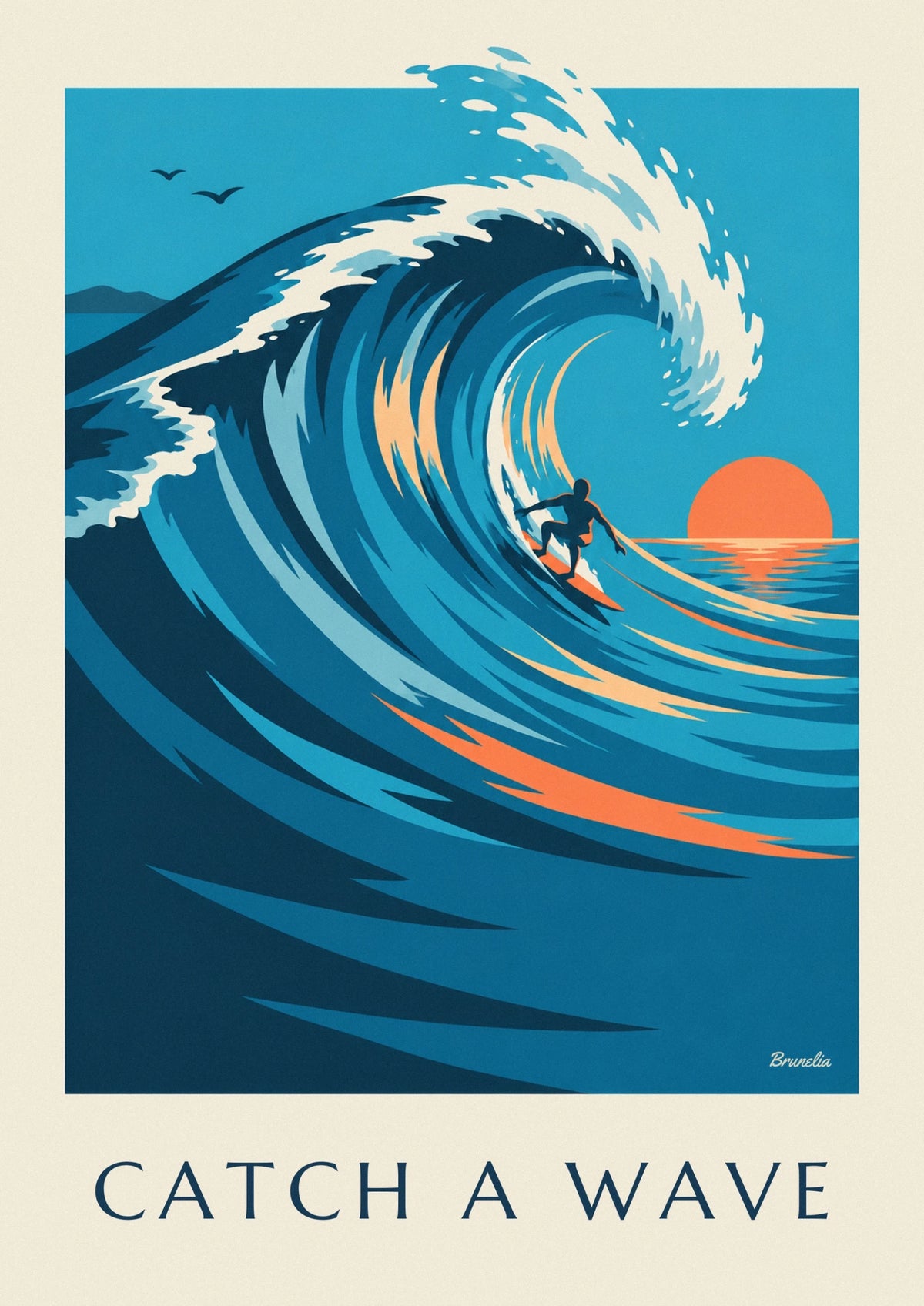 Surfer riding a big wave at sunset poster