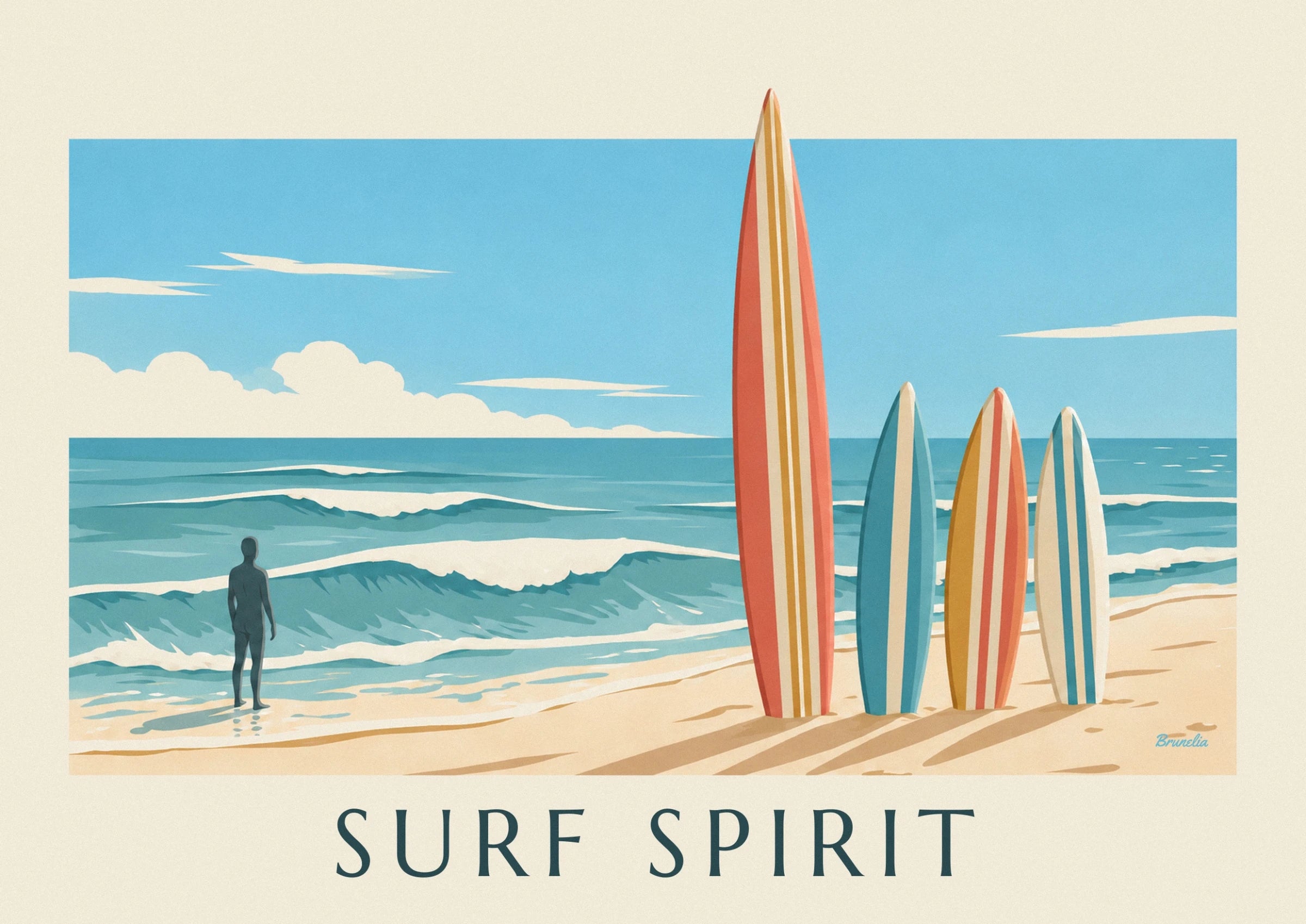 Le tavole da surf con strisce turchesi, crema e corallo sulla sabbia dorata