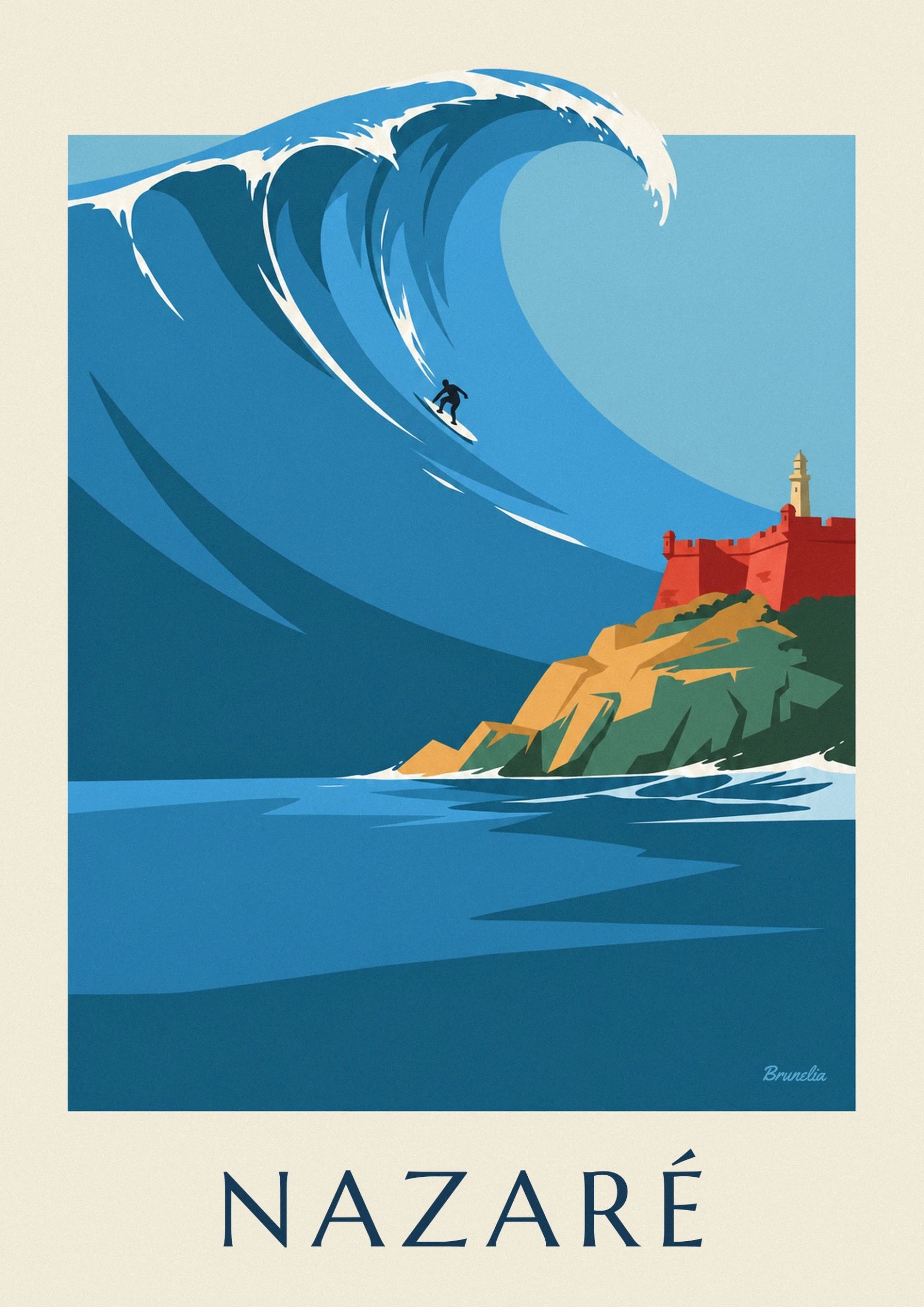 Il forte rosso di Nazaré e il suo faro giallo sopra rocce ocra e verdi