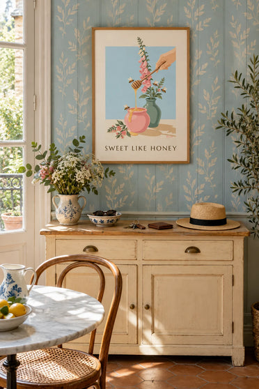 Poster con vasetto di miele dorato, cucchiaio di legno e api: incorniciato alla parete