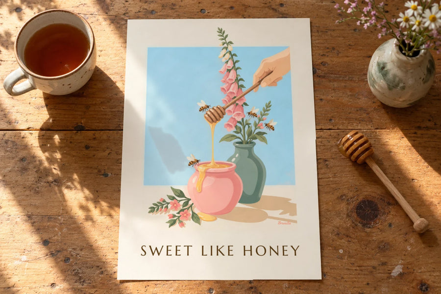 Poster con vasetto di miele dorato, cucchiaio di legno e api: appoggiato su un tavolo