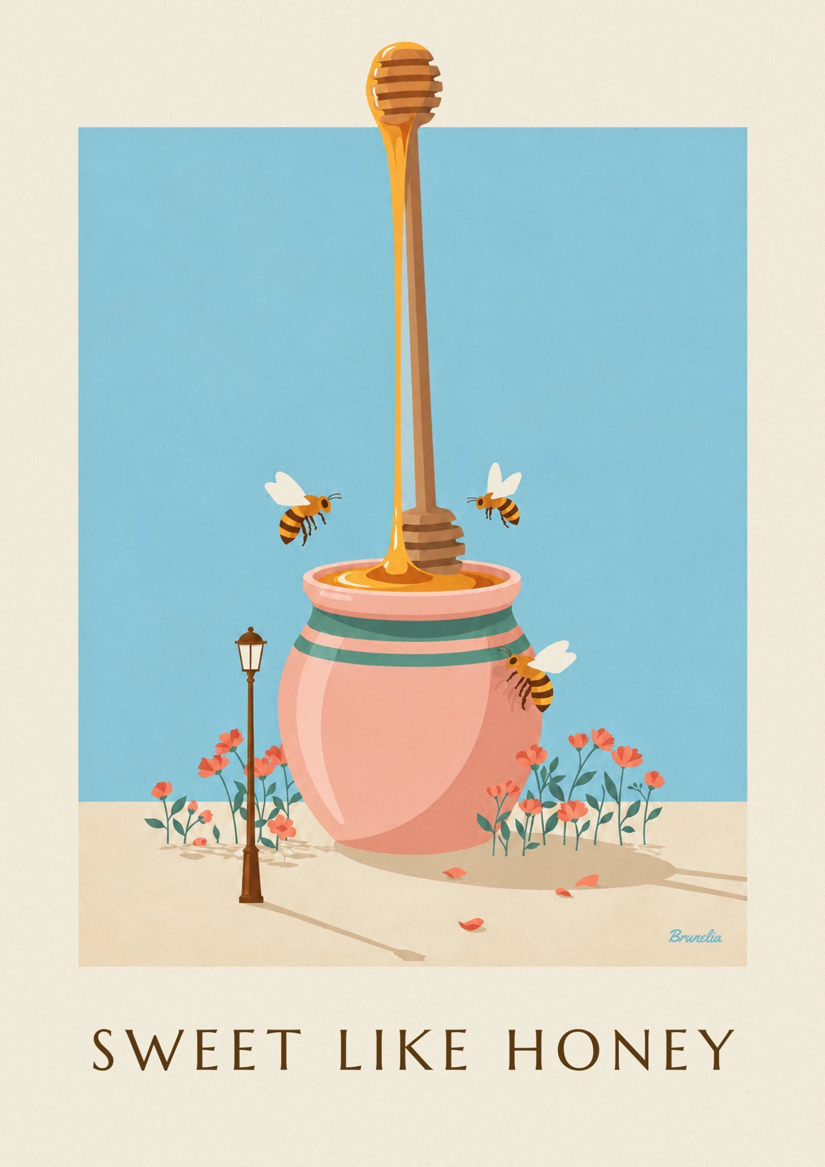 The pink pot with green stripes, dripping golden honey, and 2 bees