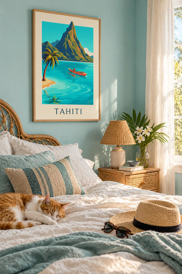 Poster piroga polinesiana sull'oceano a Tahiti: stampa incorniciata alla parete