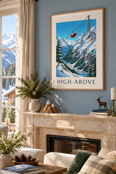 Poster cabina rossa della funivia sopra le montagne innevate: incorniciato alla parete