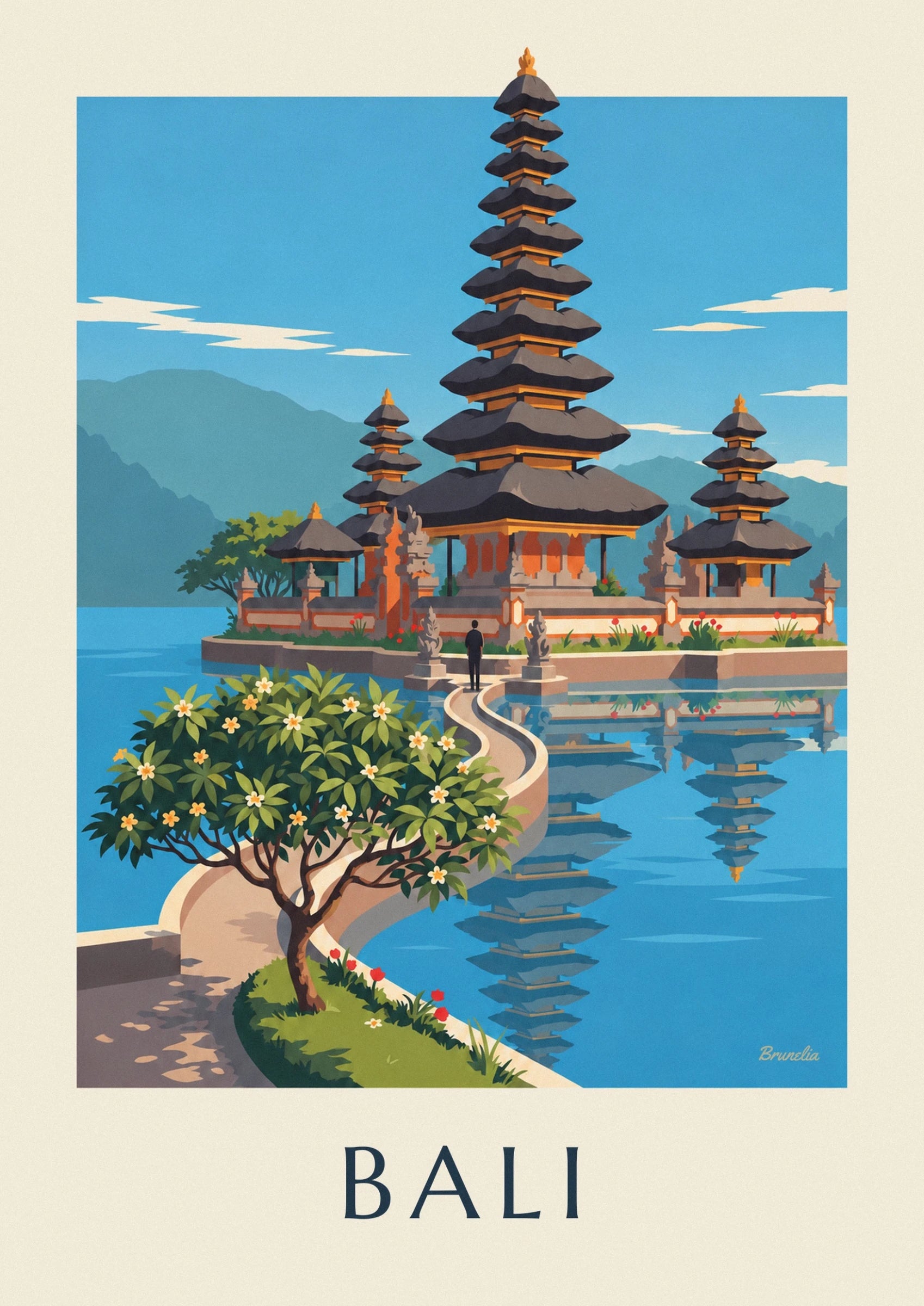 L'alta torre del tempio balinese e i suoi tetti scuri a più livelli contro il cielo azzurro