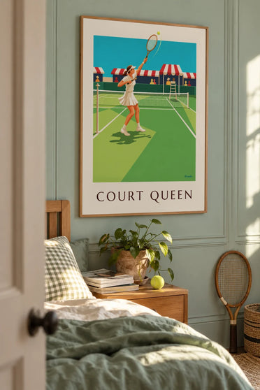 Affiche joueuse de tennis en jupe plissée et visière sur gazon : encadrée au mur