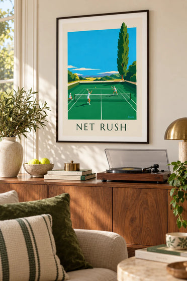 Poster tennista che gioca di volo a rete su erba: incorniciato alla parete