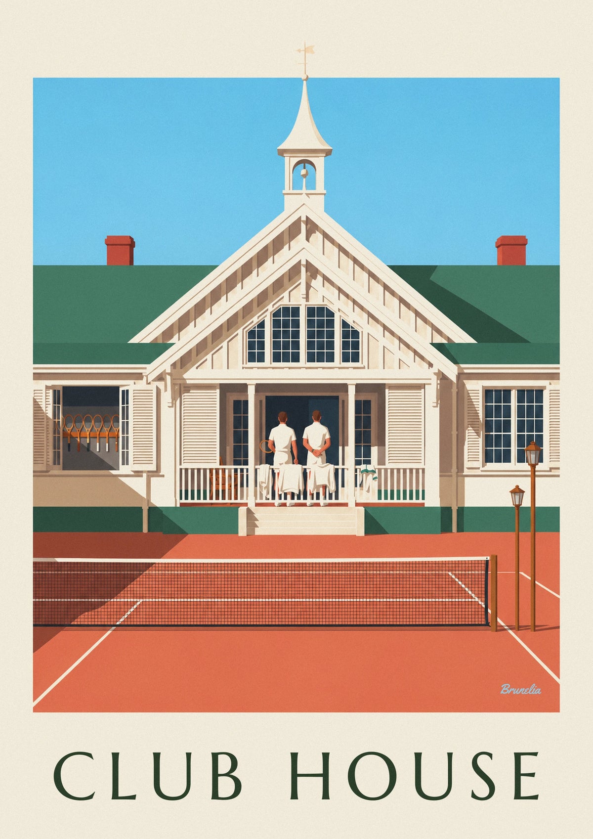 Affiche vestiaire de club de tennis et raquettes en bois