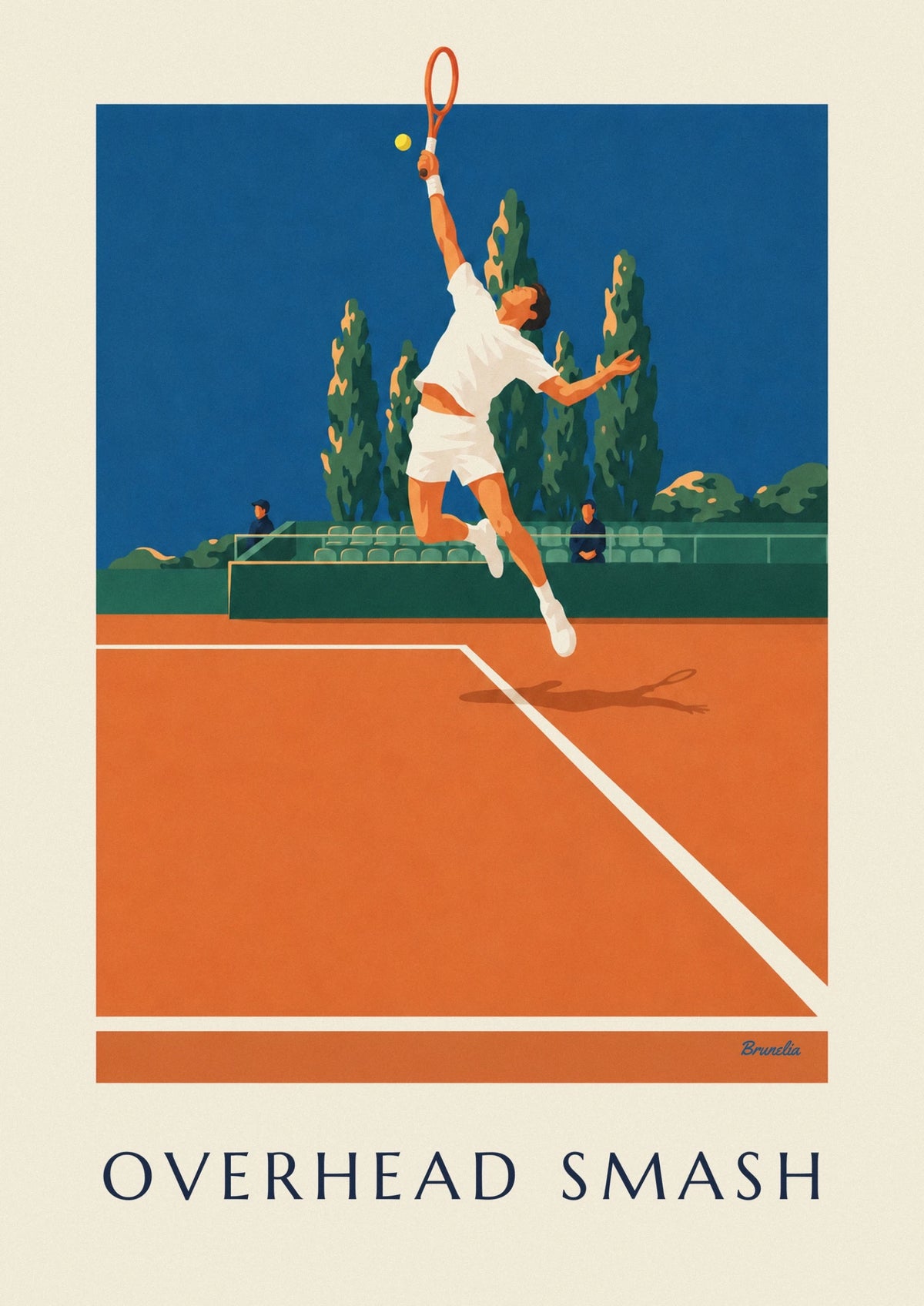 Affiche joueur de tennis en plein smash sur terre battue