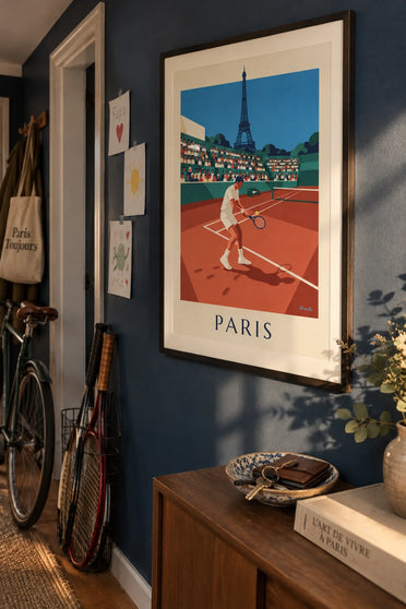 Poster of a tennis player on a clay court in Paris: framed on the wall