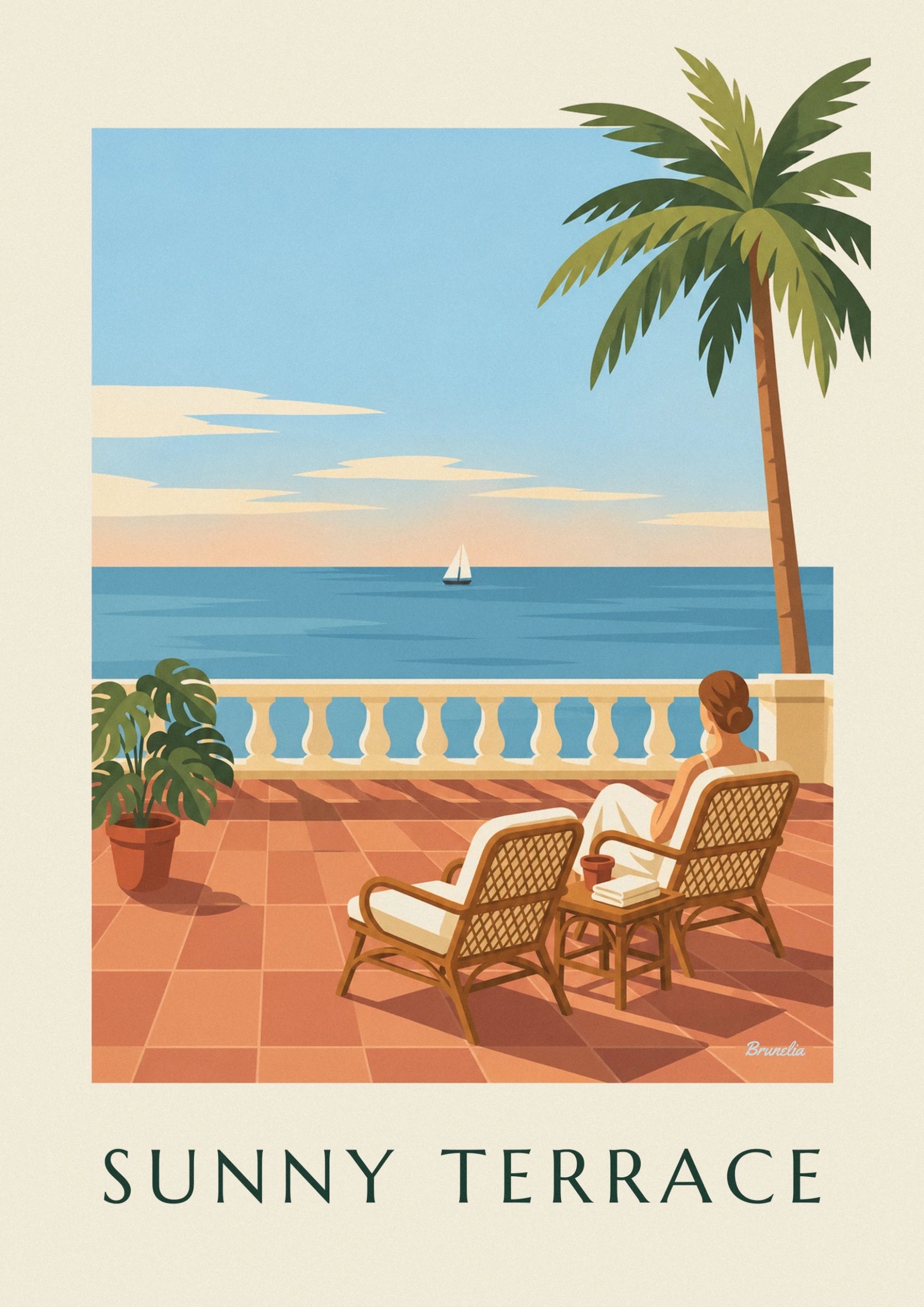 La monstera in un vaso di terracotta sulle piastrelle arancioni della terrazza