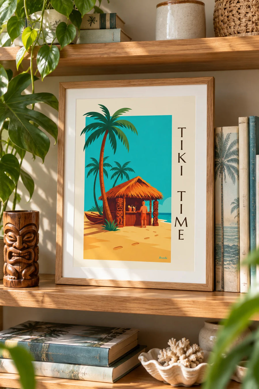 Poster di un tiki bar tropicale sulla spiaggia con palme: piccolo formato A4 con cornice