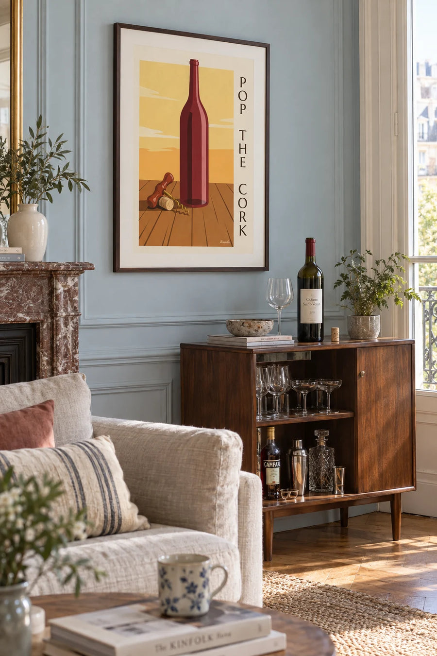 Poster of a classic corkscrew and wine bottle: framed on the wall