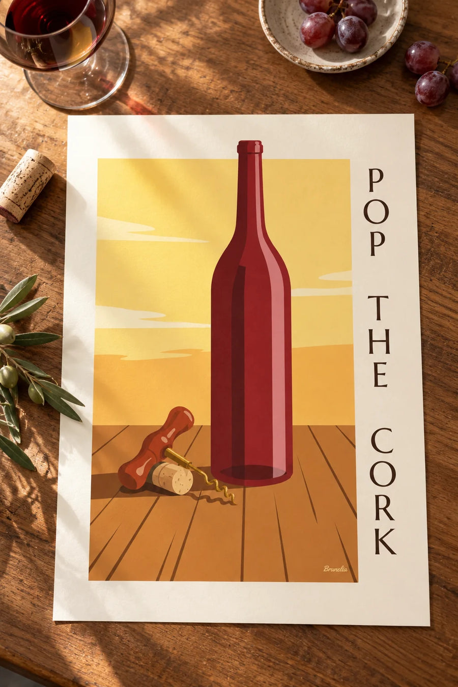 Poster of a classic corkscrew and wine bottle: placed on a table