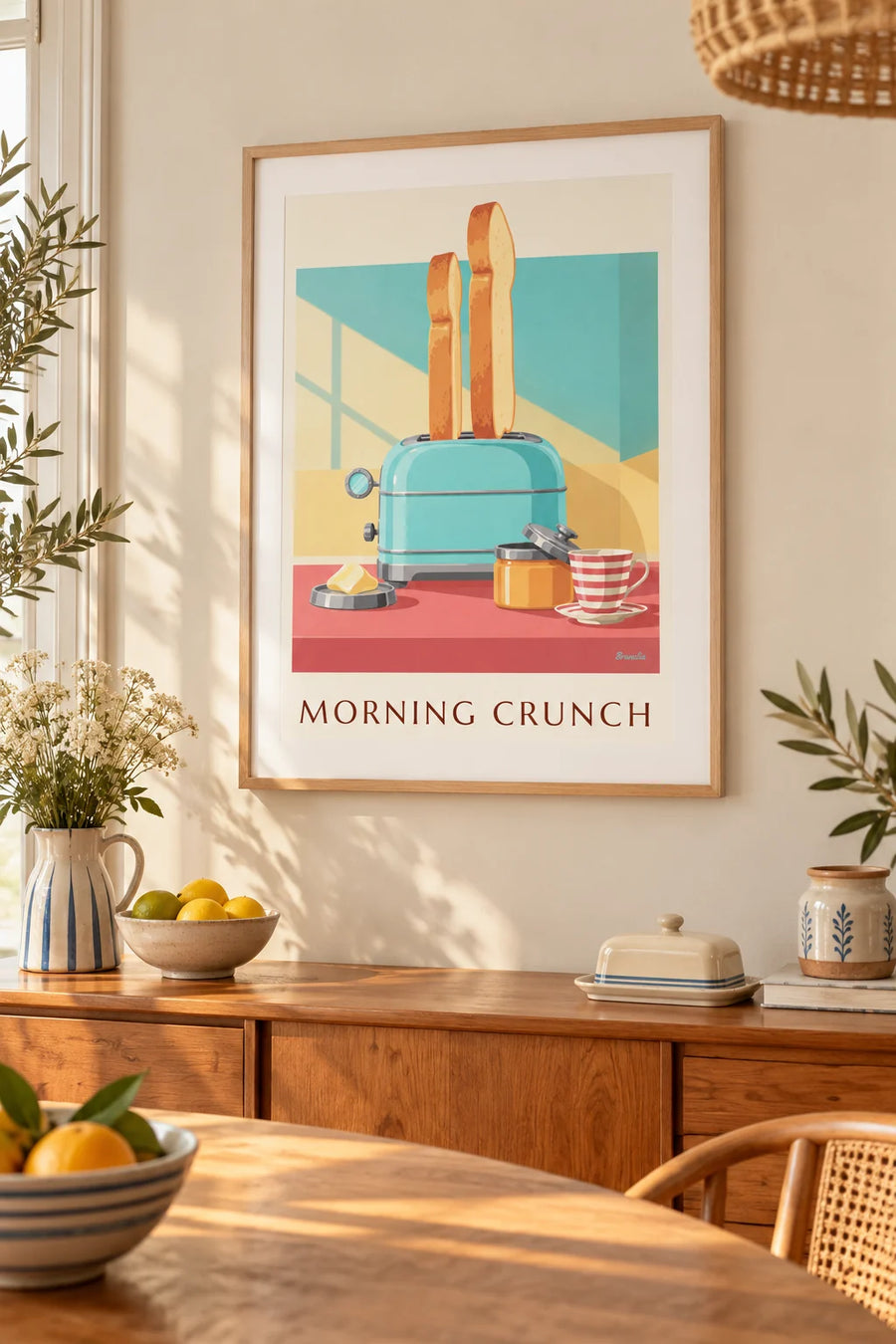 Poster tostapane turchese e fette di pane tostato dorate a colazione: incorniciato alla parete