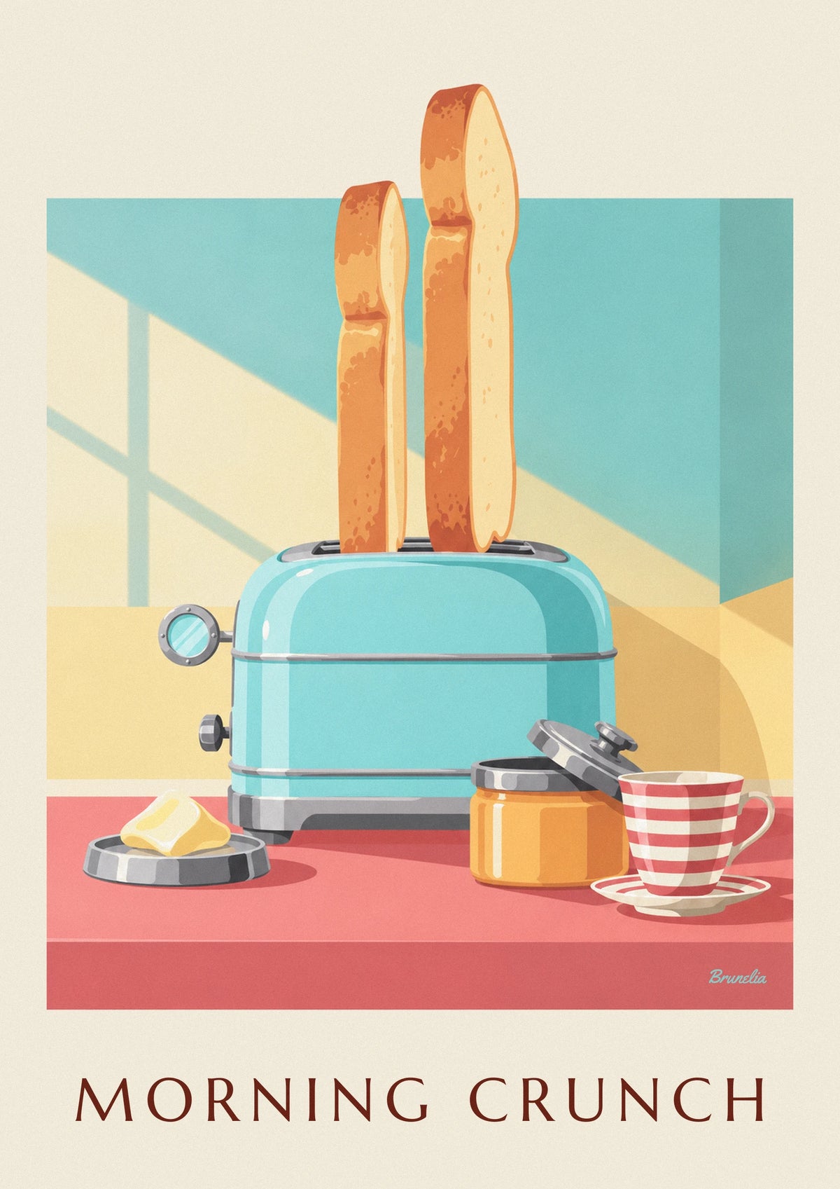 Affiche grille-pain turquoise et tartines dorées au petit-déjeuner