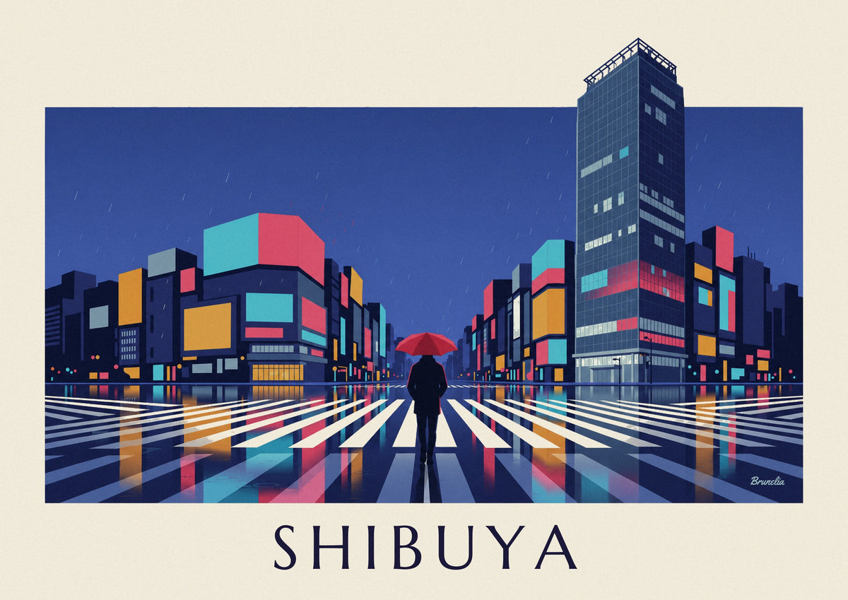 Poster attraversamento pedonale di Shibuya di notte sotto la pioggia