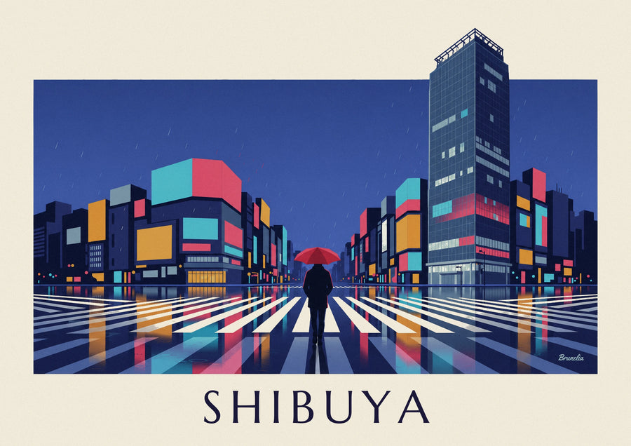 Poster attraversamento pedonale di Shibuya di notte sotto la pioggia