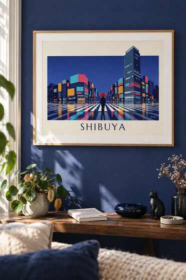 Poster strisce pedonali di Shibuya di notte sotto la pioggia: incorniciato alla parete