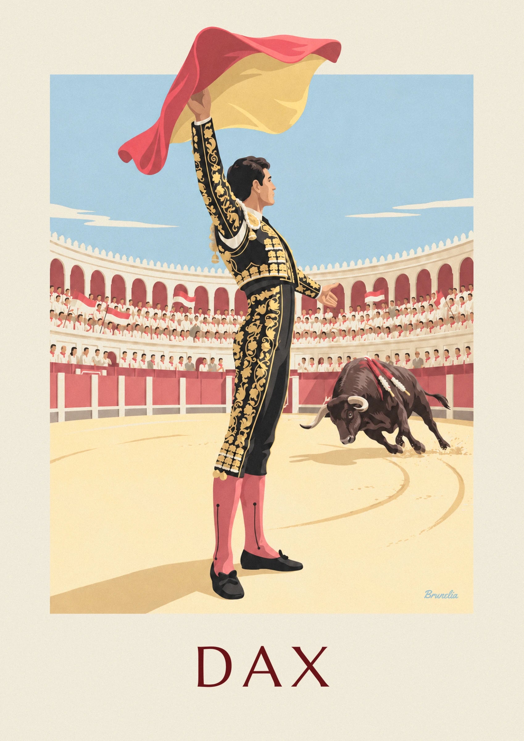 The bullfighter in a black suit embroidered with gold, arm raised beneath the red and yellow cape
