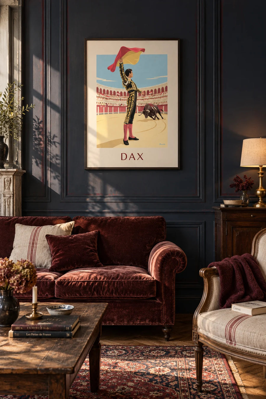 Poster of the Dax feria, a matador facing the bull in the arena: framed on the wall