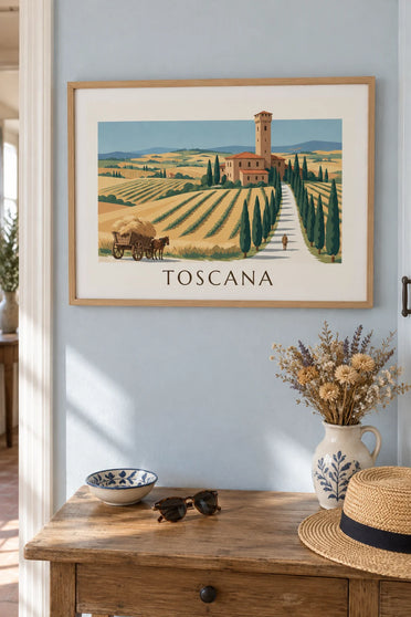 Poster con villa toscana, viale di cipressi e colline di grano: con cornice appeso al muro