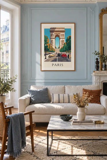 Black-and-white poster of the Arc de Triomphe seen from the Champs-Élysées: framed on the wall
