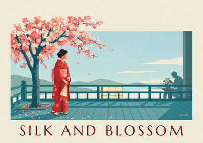 Poster donna giapponese in kimono rosso sotto un ciliegio in fiore: il poster intero