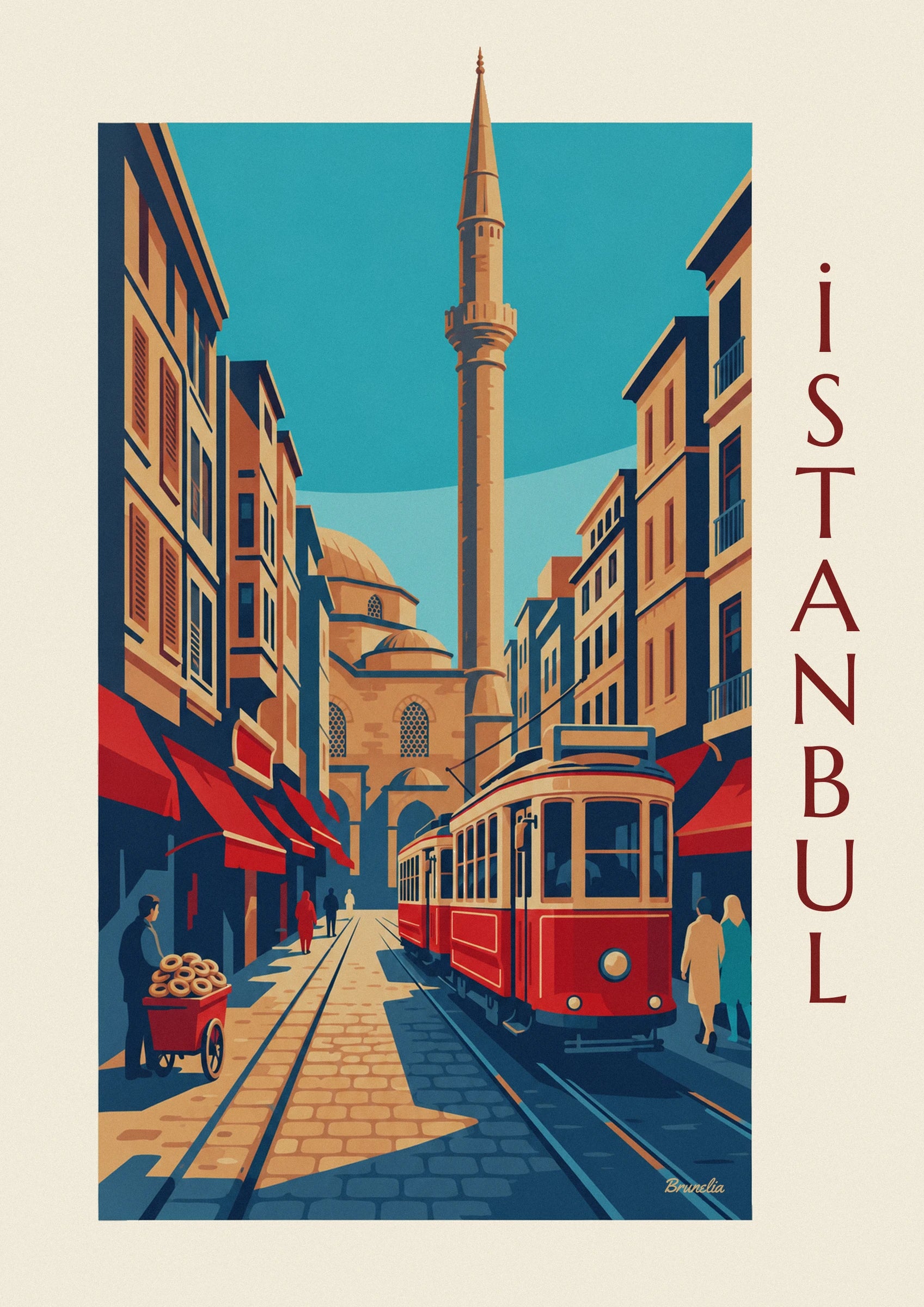 Le tramway rouge et crème, ses grandes vitres et son phare rond sur l’avenue İstiklal