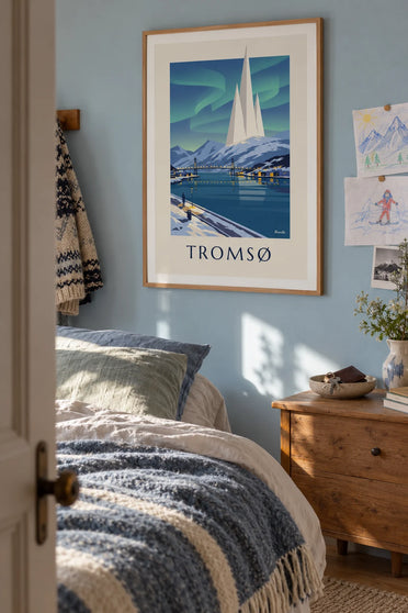 Poster of Tromsø, gateway to the Arctic, and the northern lights: framed on the wall